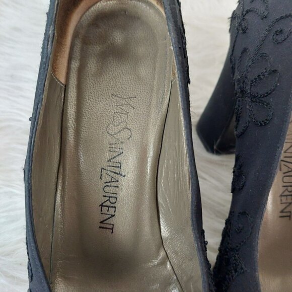 YSL Yves Saint Laurent Sz 8 M Vintage Black Embroidered Floral Chunky Heel Pumps - Picture 10 of 10